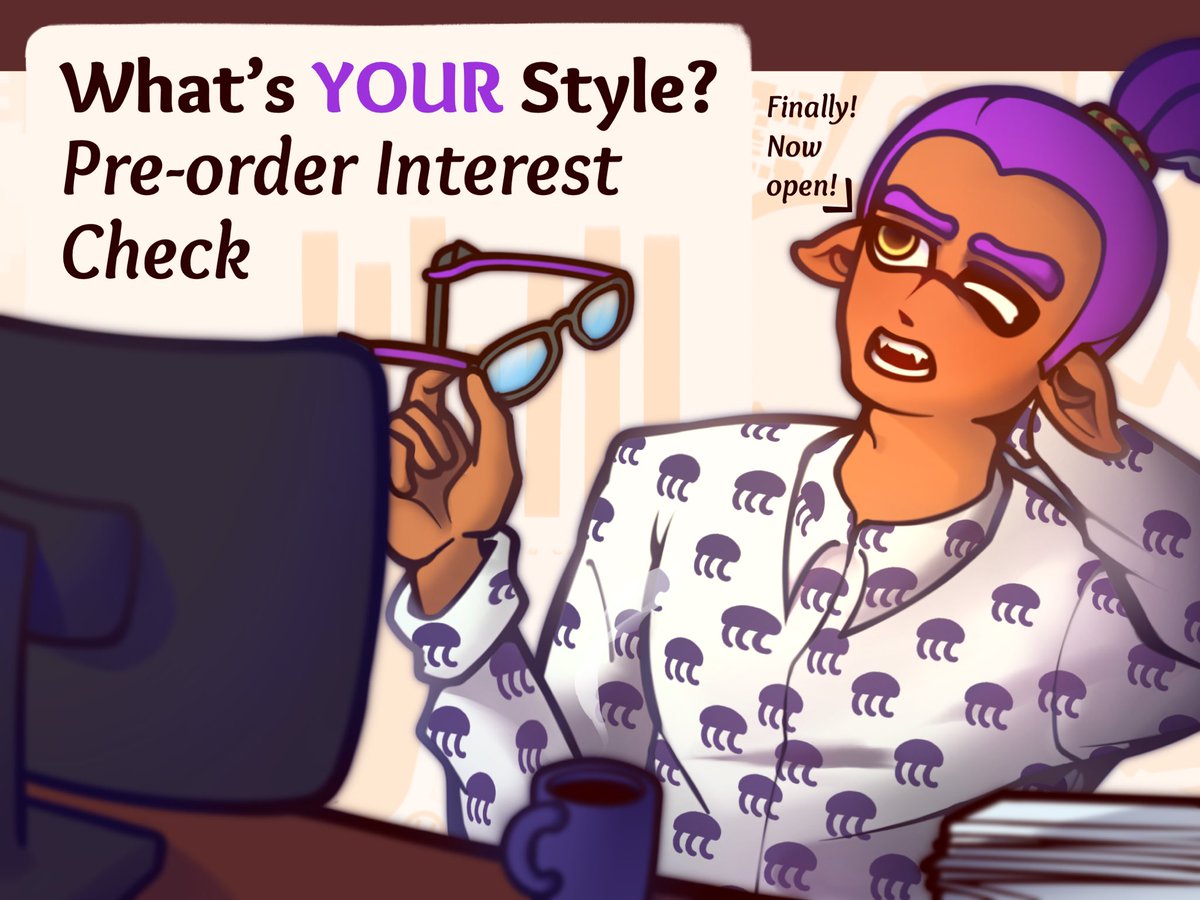 SplatPromoZine's tweet photo. 🦑 PRE-ORDER IC OPEN! 🐙 

Seems like Rui has work to catch up on after a long vacation! Will you do us a favor and lighten the load by filling out one of our interest check forms down below? https://t.co/oEvJgr797z