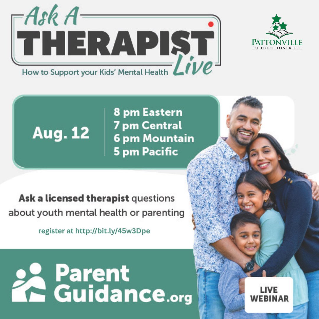 Pattonville families – get free access to Ask a Therapist Live 🗣💬
📅 Aug. 12 | 7 p.m. CT
Ask a licensed therapist about youth mental health &amp; parenting.
Register here: bit.ly/45w3Dpe

#Pattonville #MentalHealth #ParentingTips