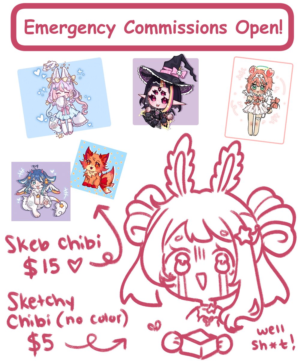 Emergency Commissions Open! Pls share cuties ♡

Both chibi options are for full body! Sketchy has no color, skeb has light shading~ 

My goal to cover everything is about $300. Will link ko-fi below as well if you want you help ♡ (1/2)

#VGenComm #Chibi #vtuber #commissionopen
