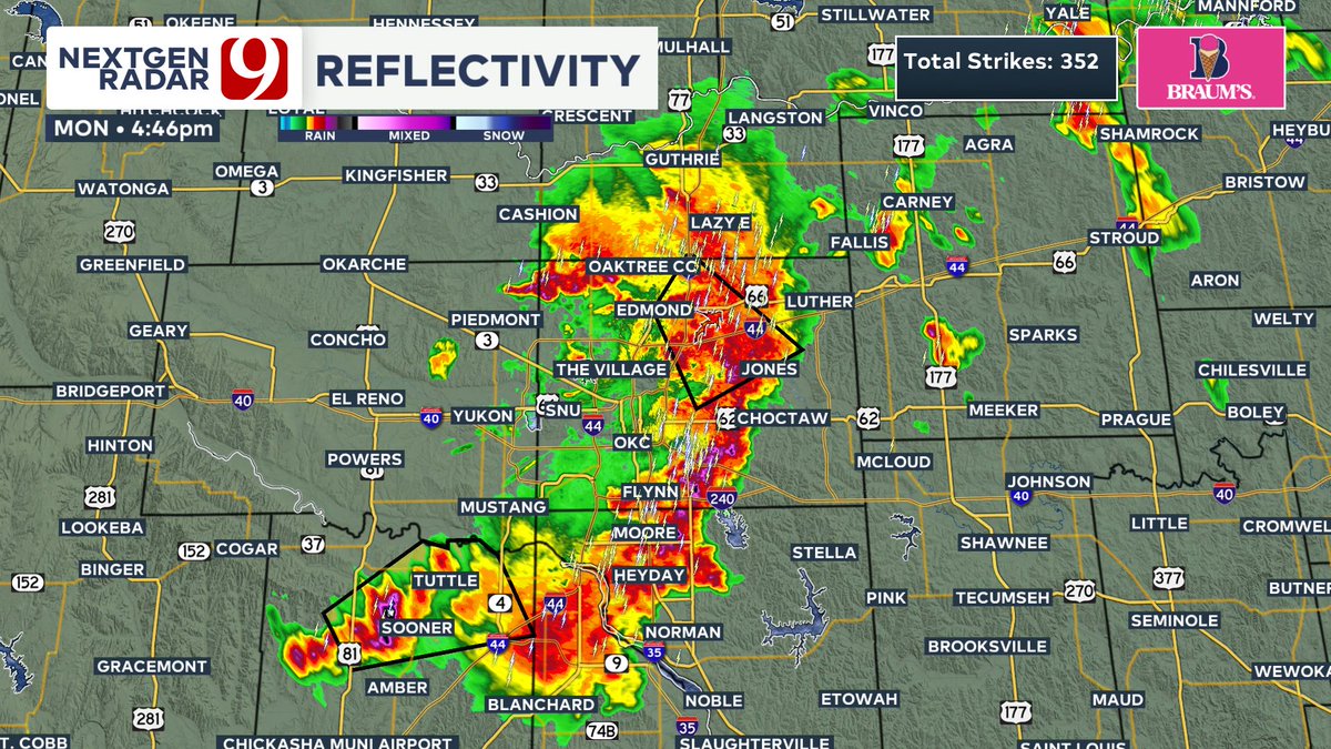 4:47 PM SEVERE STORM UPDATE: A broken line of storms is now merging east of OKC. A few areas are severe with gusts to 60 possible and quarter size hail. The heaviest storms extend from near Luther, Jones, to Norman to Newcastle. Also severe weather forming west of Tuttle.