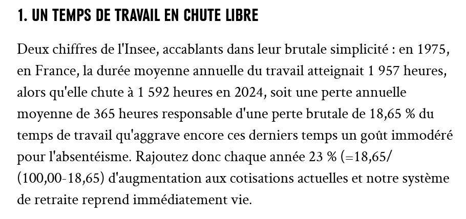 Sur 41 annuités de cotisations de 1975 à 2015, le volume horaire de travail a été de 1 749 heures, soit 9% de plus que le volume actuel de 1 609 heures. 

Cette différence est entièrement absorbée par un allongement de 4 ans du nombre d'annuités (on est déjà à 2 de plus).

Mais