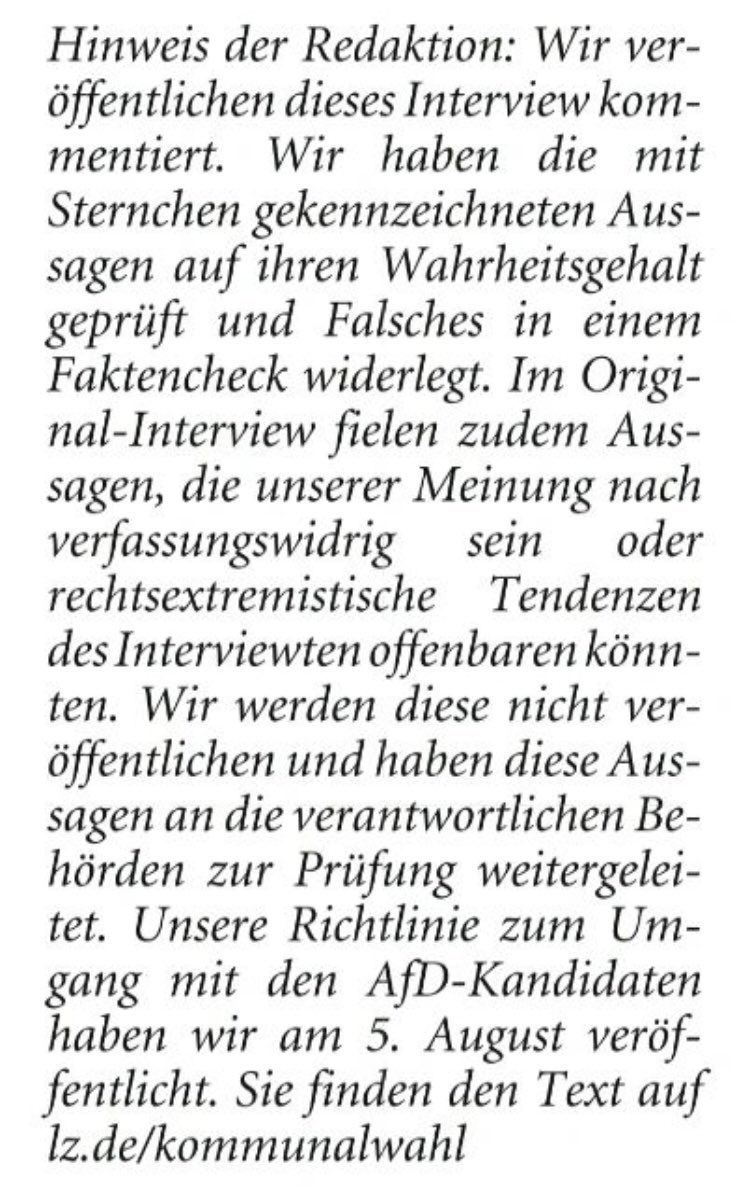 Das ist die absolut kaputteste und kränkste journalistische Praxis, die mir bisher untergekommen ist: Journalisten der »Lippische Landes-Zeitung«, die ein Interview mit den AfD-Kandidat Viktor Hübner in Detmold eigens (!) angefragt haben, editieren die Antworten ohne