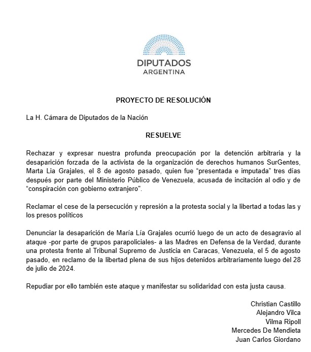 chipicastillo's tweet image. Desde el @Fte_Izquierda presentamos proyecto en @DiputadosAR exigiendo la liberación de la activista de Derechos Humanos Marta Lía Grajales de la organización SurGentes, detenida irregularmente en Venezuela luego de un acto de denuncia a un ataque parapolicial a un acto de las…
