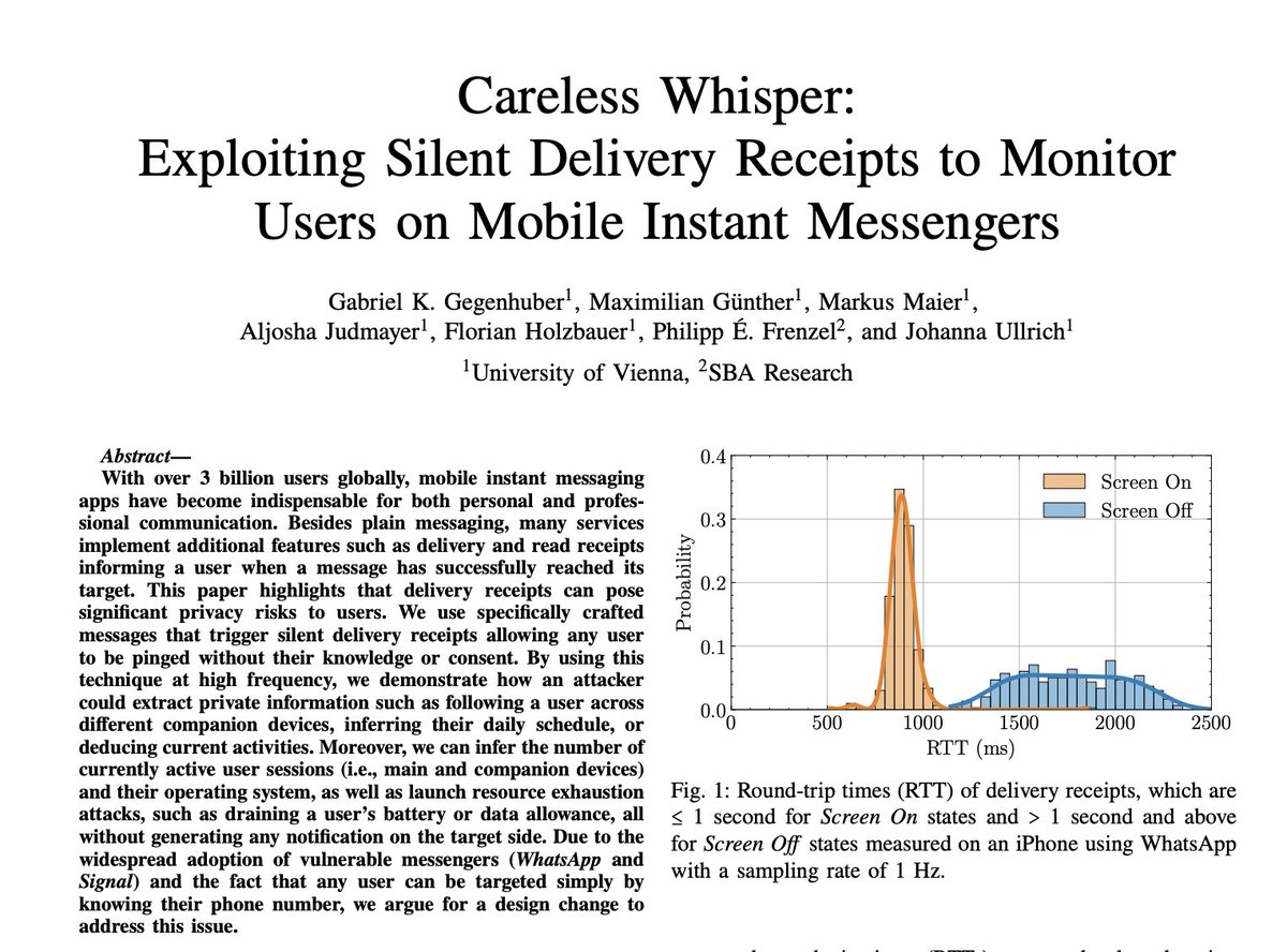 An interesting paper on <a href="/WhatsApp/">WhatsApp</a> <a href="/signalapp/">Signal</a> (and other IM) security.
Attacker can send invisible ping-like messages that get silently responded and infer on the online status of devices and fingerprint them 
arxiv.org/pdf/2411.11194