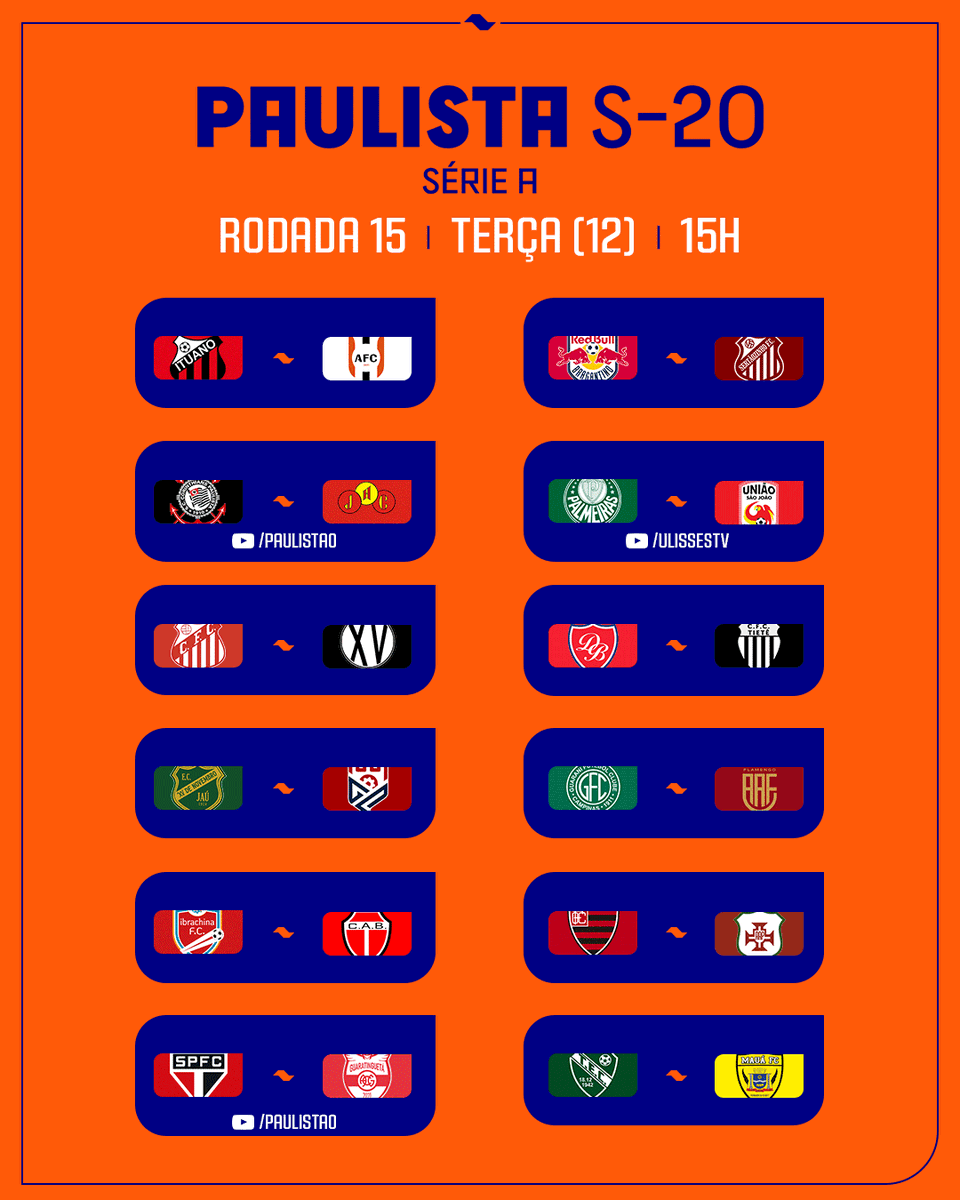 VALE A CLASSIFICAÇÃO!
Se liga nos jogos da última rodada da primeira fase do Paulista Sub-20 Série A!
#PaulistaSub20