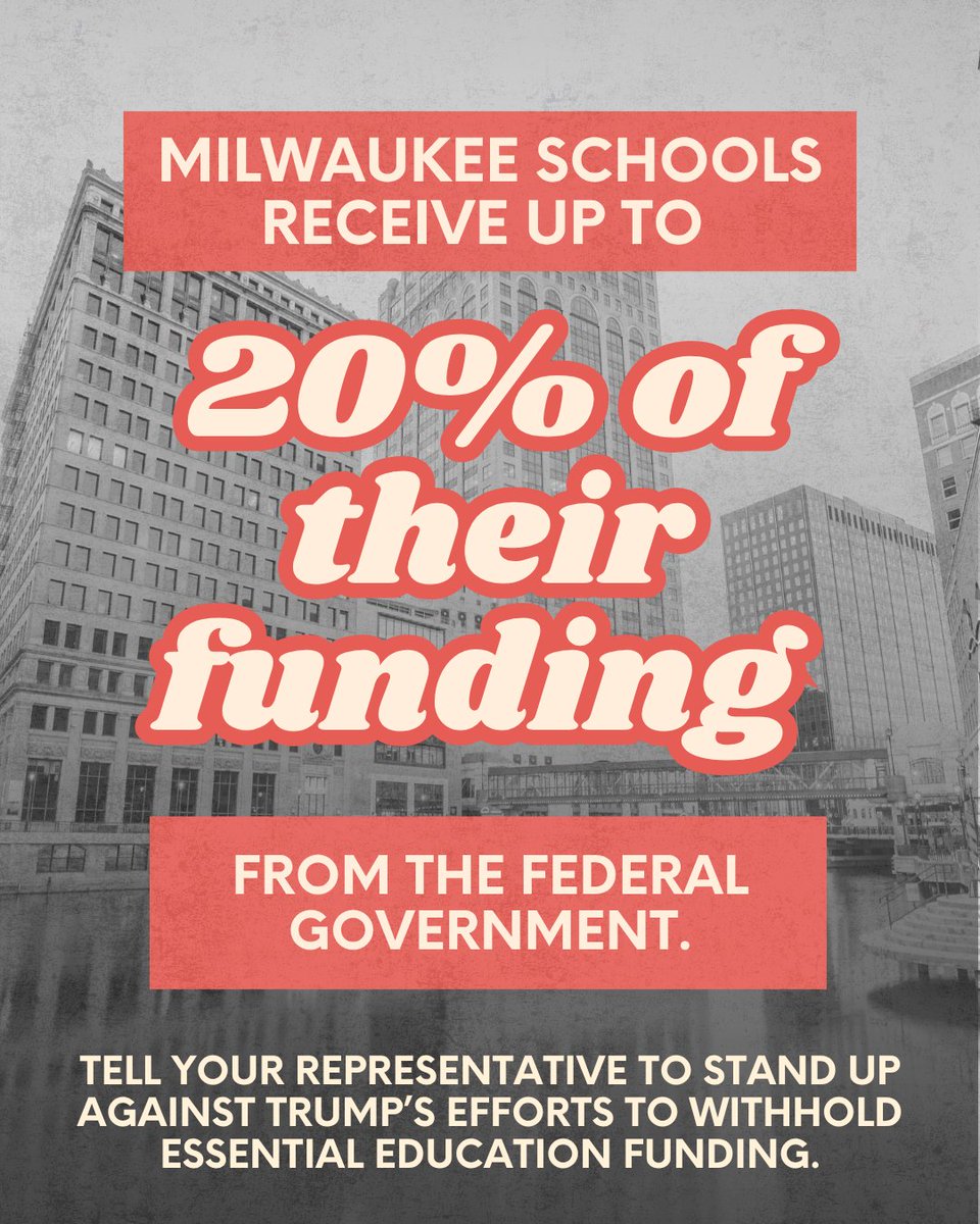 WImegaphone's tweet image. MKE Public Schools rely on federal funding for up to 20% of their budget
With Trump's attacks on federal education funding, MKE schools will lose resources to fund mental health support, adapted education, school meals, & more
Demand action from your rep today!
@ForOurFutureWI