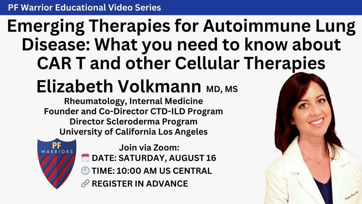 PF Warrior (@pfwarrior) on Twitter photo Join us 8/16 at 10am CT
This session will break down the science behind innovative therapies and explain what they could mean for people living with autoimmune-related interstitial lung diseases (ILD).
bit.ly/PFWAUG2025 Join us 8/16 at 10am CT
This session will break down the science behind innovative therapies and explain what they could mean for people living with autoimmune-related interstitial lung diseases (ILD).
bit.ly/PFWAUG2025