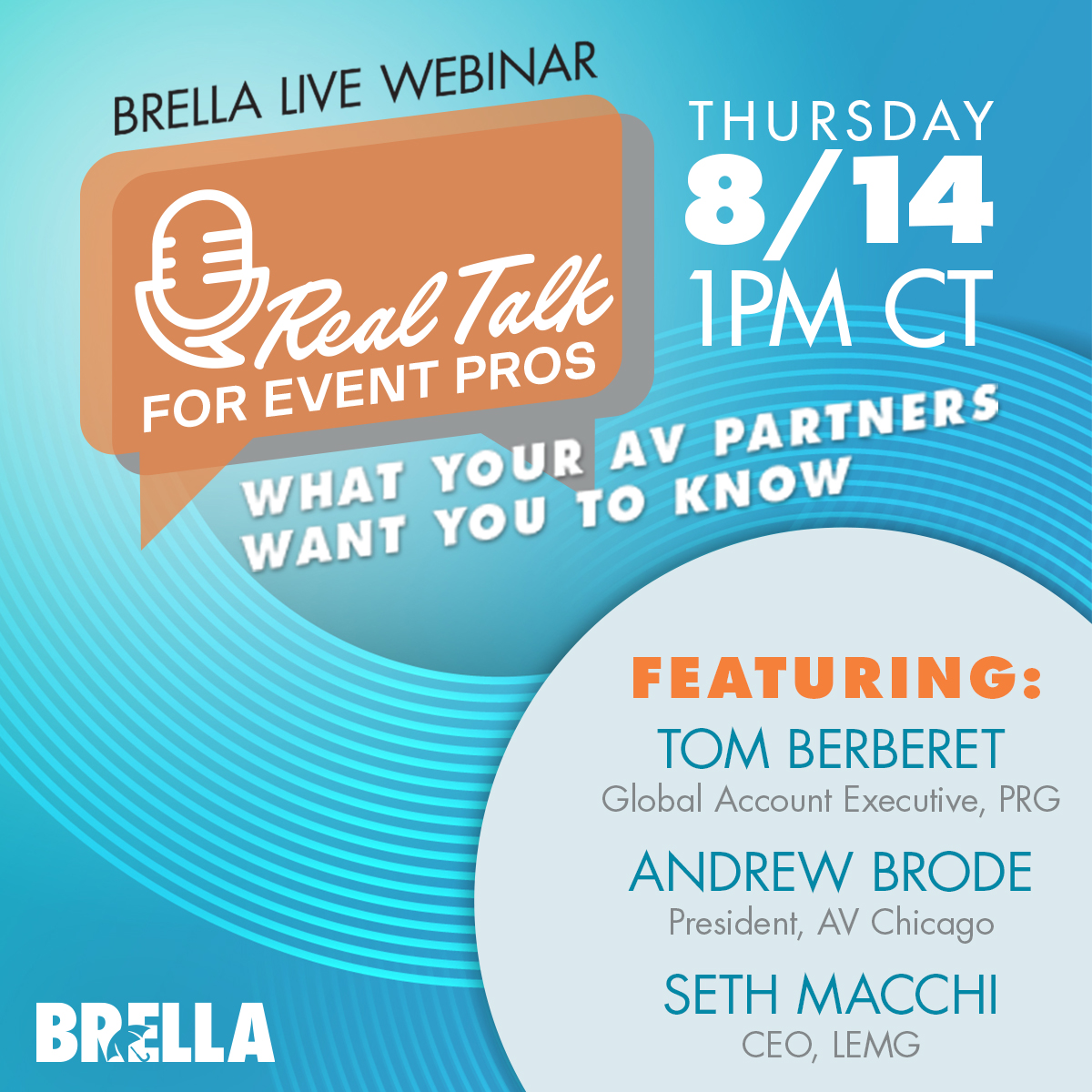👉Join us tomorrow for "Real Talk for Event Pros👈

#eventpros from <a href="/BrellaProd/">Brella Productions</a>, <a href="/PRGlive/">PRG North America</a>, <a href="/avchicago/">AV Chicago, Inc.</a> &amp; <a href="/LiveEventsMG/">LiveEventsMediaGroup</a>  will be sharing actionable advice on all things AV, including:
✅Budgets
✅RFPs
✅Sustainability

zoom.us/webinar/regist…