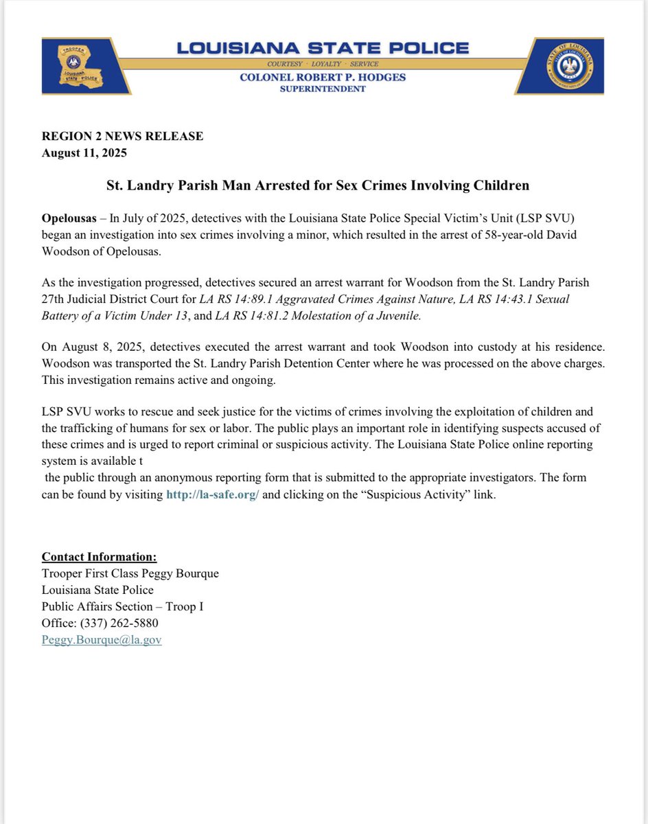 REGION 2 NEWS RELEASE 
August 11, 2025 
 
St. Landry Parish Man Arrested for Sex Crimes Involving Children