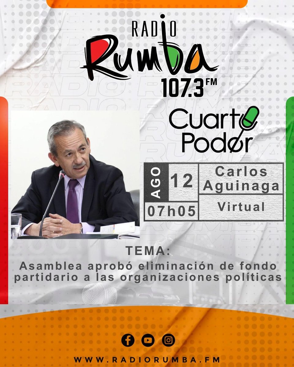 Radio Rumba 107.3 FM (@radiorumbaec) on Twitter photo 🔴 Mañana en #CUARTOPODER: Dr. Carlos Aguinaga (<a href="/carlosjaguinaga/">Carlos Aguinaga</a>), ex Presidente de TSE, con el tema: "Asamblea aprobó eliminación de fondo partidario a las organizaciones políticas"
🕕 07h05 | 107.3 FM #RadioRumba
#FondoPartidario #TSE #OrganizacionesPoliticas #Ecuador 🔴 Mañana en #CUARTOPODER: Dr. Carlos Aguinaga (<a href="/carlosjaguinaga/">Carlos Aguinaga</a>), ex Presidente de TSE, con el tema: "Asamblea aprobó eliminación de fondo partidario a las organizaciones políticas"
🕕 07h05 | 107.3 FM #RadioRumba
#FondoPartidario #TSE #OrganizacionesPoliticas #Ecuador