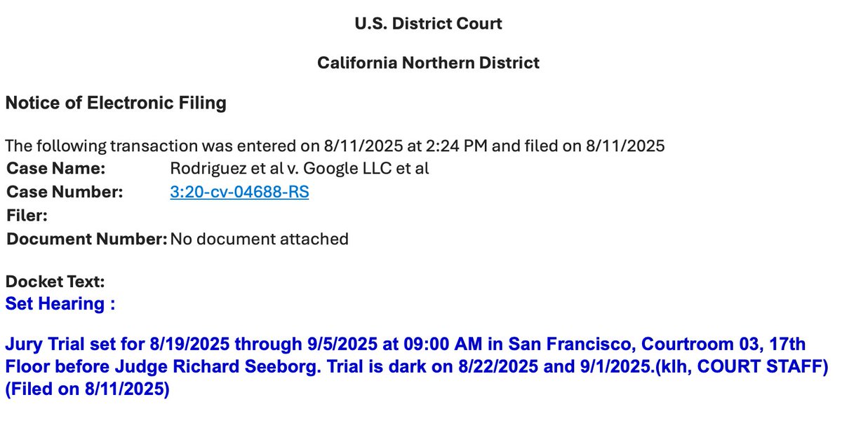 Here we go! Judge Seeborg has queued up the second #BigTech #privacy jury trial starting next week in San Francisco between <a href="/Google/">Google</a> and lawyers led by David Boies over the company's data collection disclosures. As always, <a href="/mlexclusive/">MLex</a> will be there for the full trial.