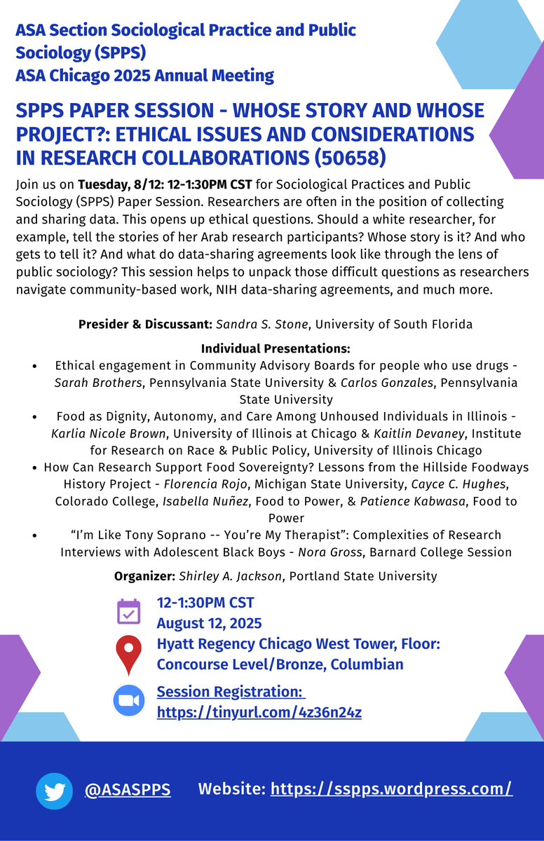 ASASPPS's tweet image. 4. Join #ASASPPS on Tues, 8/12: 12-1:30PM Paper Session: Whose Story and Whose Project?: Ethical Issues and Considerations in Research Collaborations (50658) in West Tower, Hyatt Regency Chicago, Concourse Level/Bronze, Columbian

Register for Zoom info: tinyurl.com/4z36n24z
