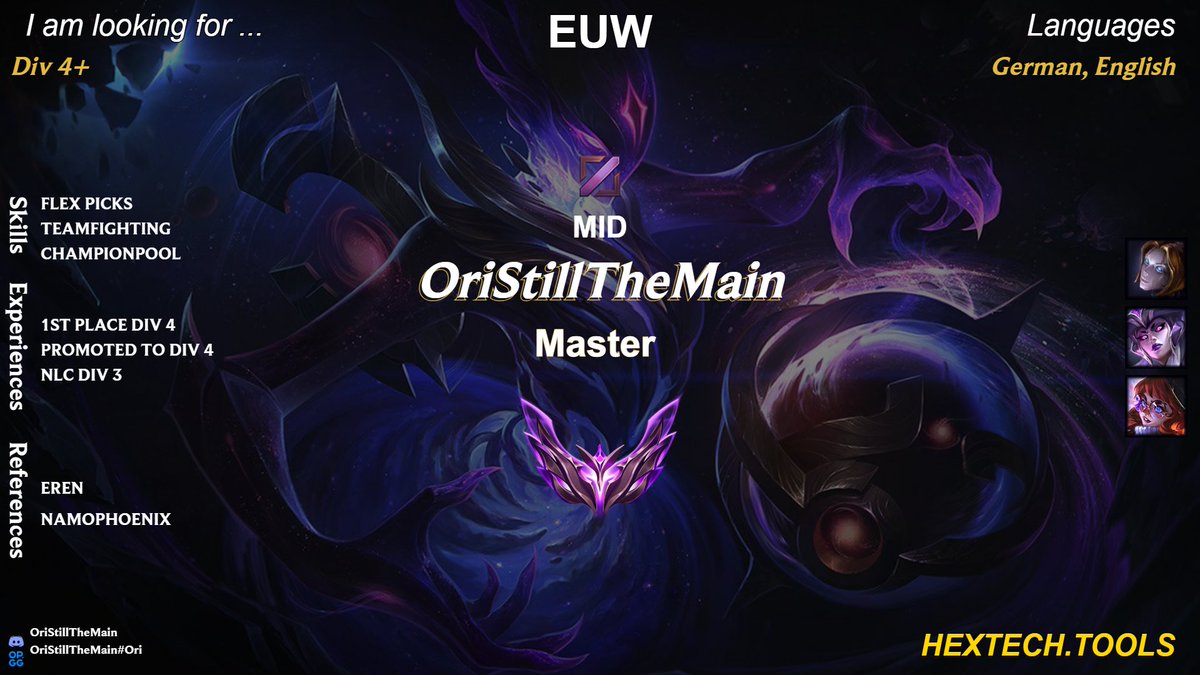 After a nice first place finish in Div 4 with Packmiko Kuino, where we sadly fell short in playoffs, I’m now officially open for new opportunities. Mainly looking for PRM 4. :)

<a href="/lft_prm/">LFT PRM</a> <a href="/lft_prime/">Prime League LFT</a>