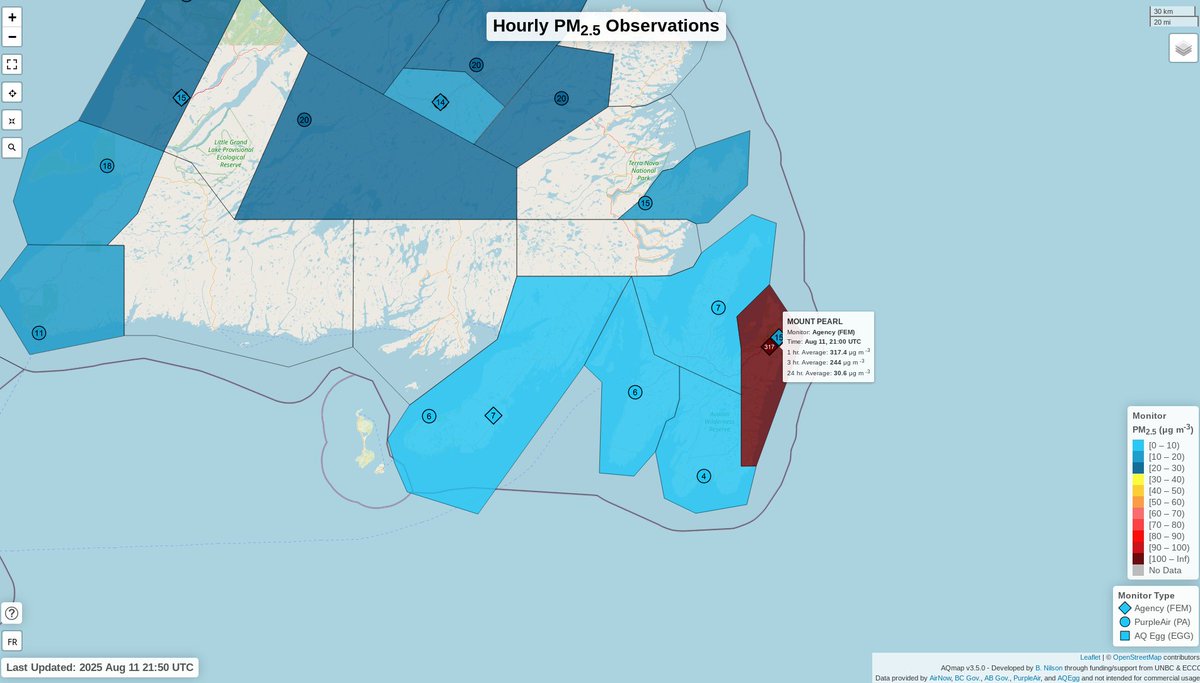 🚨 Extremely unhealthy air quality in Mount Pearl right now. PM2.5 one-hour average at 317 µg/m³ — over 4.5× the high-risk threshold (70 µg/m³) and well beyond the very-high risk level (100 µg/m³).  cyclone.unbc.ca/aqmap/#8/47.53… #nlwx