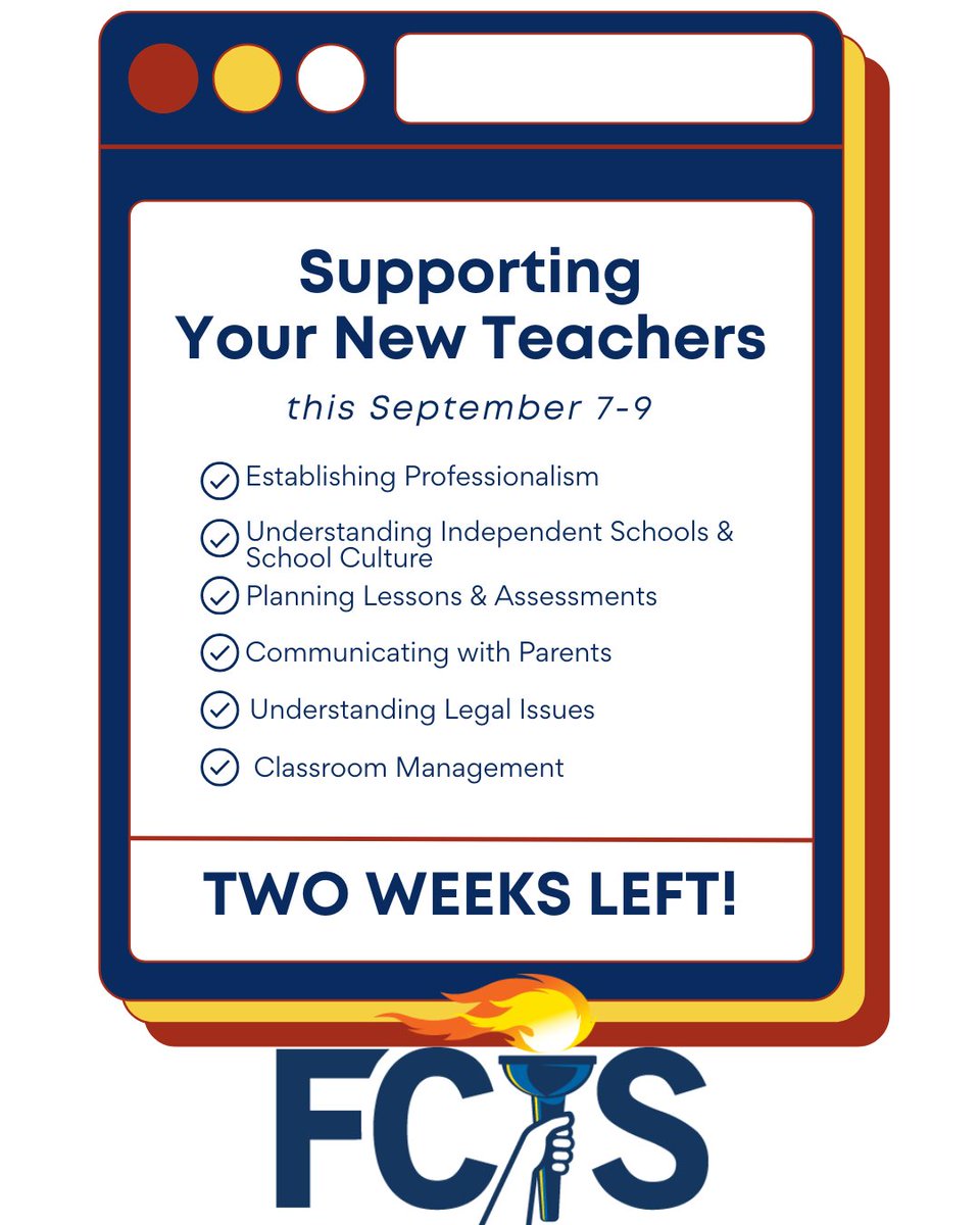 There are two weeks left to register your new teachers for the 2025 FCIS New Teacher Institute!

View Full Program: ow.ly/F9JI50WrklV
Register: ow.ly/wlMP50WrklU