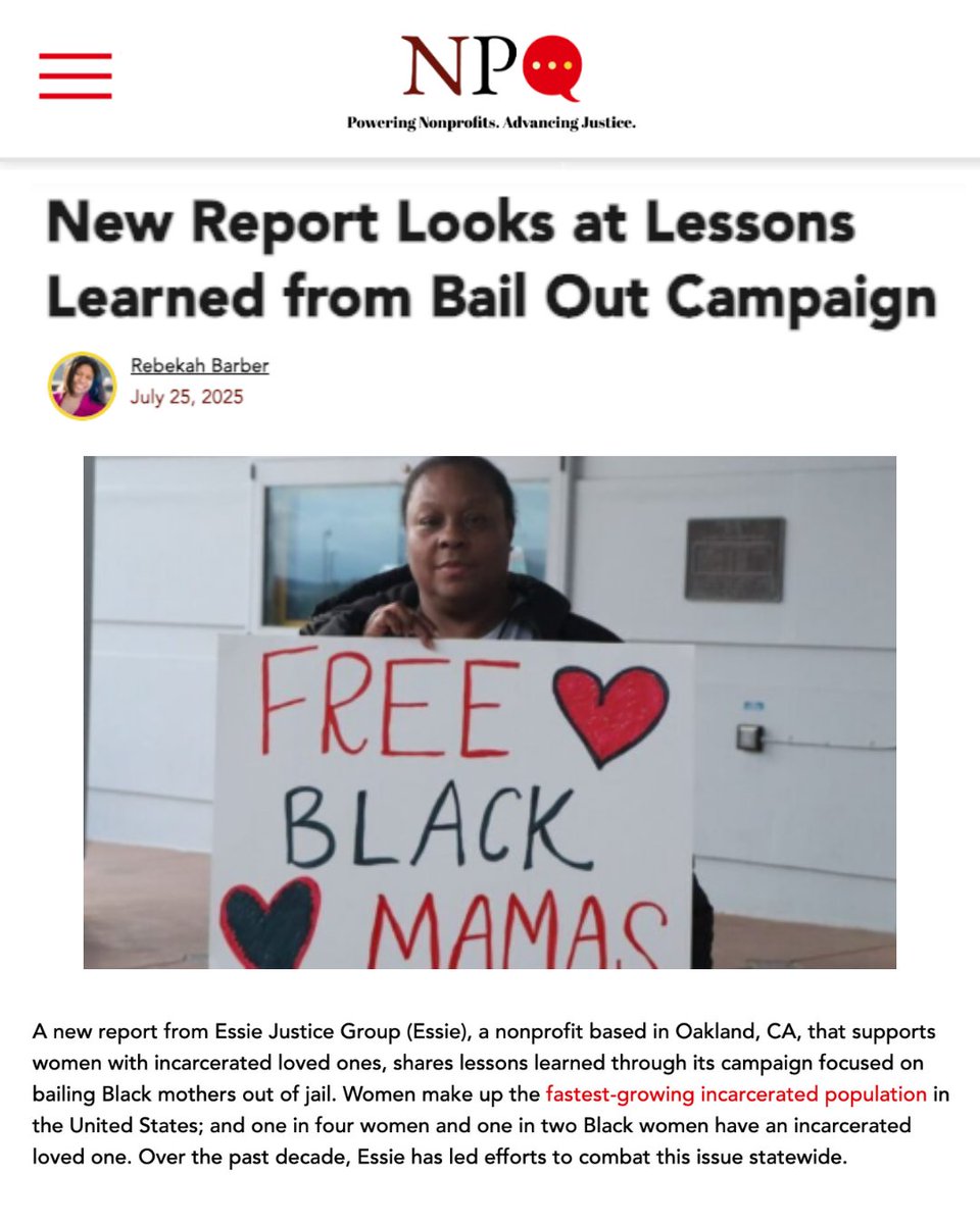 Essie Justice Group (@essie4justice) on Twitter photo Thank you <a href="/npquarterly/">Nonprofit Quarterly</a> for highlighting The Hidden Heart of Reentry Report! Read the full article here: nonprofitquarterly.org/new-report-loo…
Check out the report here: bit.ly/HiddenHeartRee…
cc: <a href="/NationalBailOut/">National Bail Out</a> <a href="/NBWJInstitute/">National Black Women’s Justice Institute (NBWJI)</a>
#Reentry #FreeBlackMamas Thank you <a href="/npquarterly/">Nonprofit Quarterly</a> for highlighting The Hidden Heart of Reentry Report! Read the full article here: nonprofitquarterly.org/new-report-loo…
Check out the report here: bit.ly/HiddenHeartRee…
cc: <a href="/NationalBailOut/">National Bail Out</a> <a href="/NBWJInstitute/">National Black Women’s Justice Institute (NBWJI)</a>
#Reentry #FreeBlackMamas