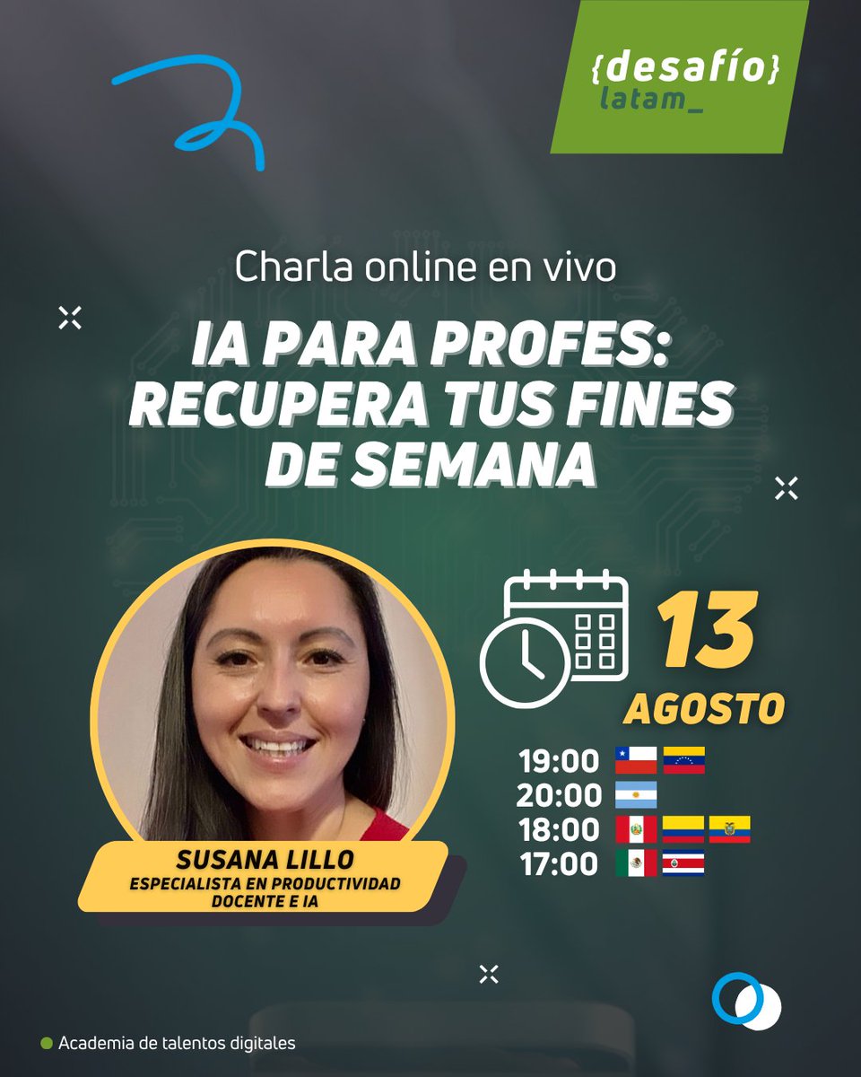 Únete a nuestra clase en vivo y gratuita, donde la Especialista Susana Lillo te revelará las estrategias de IA que usan los docentes más productivos.

💻 Formato : 𝗢𝗻𝗹𝗶𝗻𝗲, 𝗲𝗻 𝘃𝗶𝘃𝗼 𝘆 𝗚𝗥𝗔𝗧𝗜𝗦

🔴𝗜𝗻𝘀𝗰𝗿í𝗯𝗲𝘁𝗲 👉hubs.ly/Q03Ch4Bz0

¡CUPOS LIMITADOS!