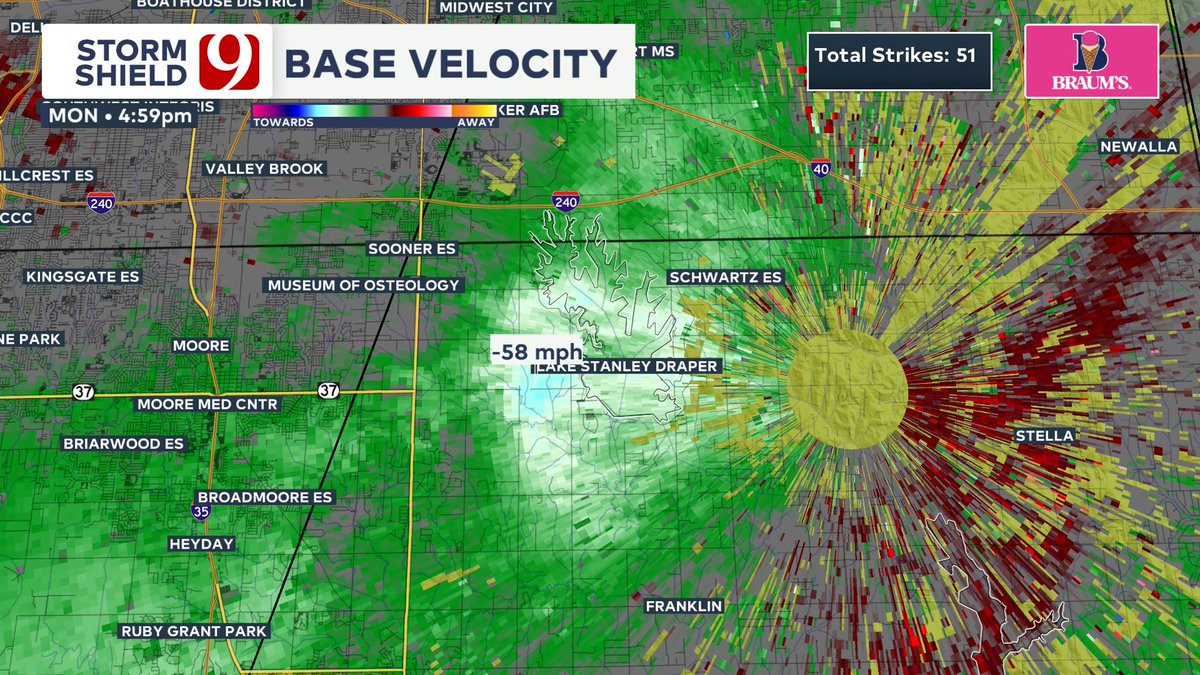 Andrew Adams (@aadamswx) on Twitter photo 4:59 PM SEVERE STORM UPDATE: Getting reports of a downburst on the east sides of Moore a short time ago. Doppler velocities show some gusts in excess of 58 mph. Some damage reported. Post your damage
pics at pics@news9.net! 4:59 PM SEVERE STORM UPDATE: Getting reports of a downburst on the east sides of Moore a short time ago. Doppler velocities show some gusts in excess of 58 mph. Some damage reported. Post your damage
pics at pics@news9.net!