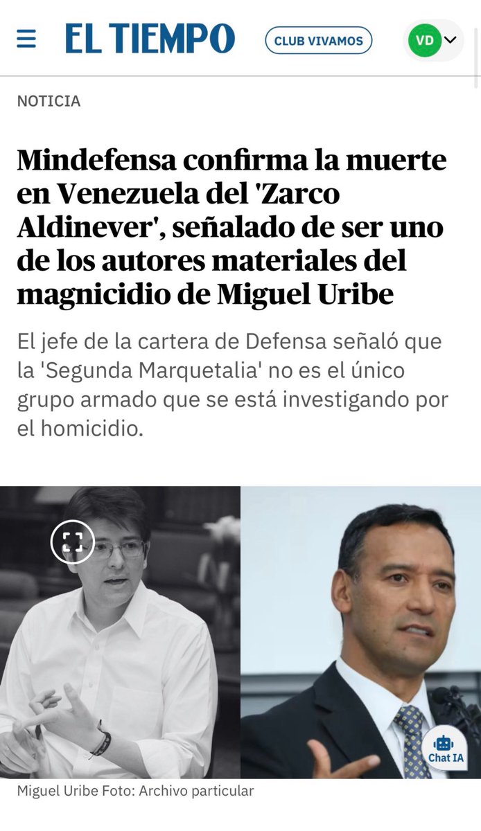 Victor Munoz (@vicmunro) on Twitter photo El ministro de Defensa confirma la muerte del “Zarco Aldinever”, señalado como posible responsable del magnicidio de Miguel Uribe.
Importante que Medicina Legal confirme esta muerte.
Sin embargo si lo mataron, es porque el autor intelectual del magnicidio de <a href="/MiguelUribeT/">Miguel Uribe</a> es El ministro de Defensa confirma la muerte del “Zarco Aldinever”, señalado como posible responsable del magnicidio de Miguel Uribe.
Importante que Medicina Legal confirme esta muerte.
Sin embargo si lo mataron, es porque el autor intelectual del magnicidio de <a href="/MiguelUribeT/">Miguel Uribe</a> es