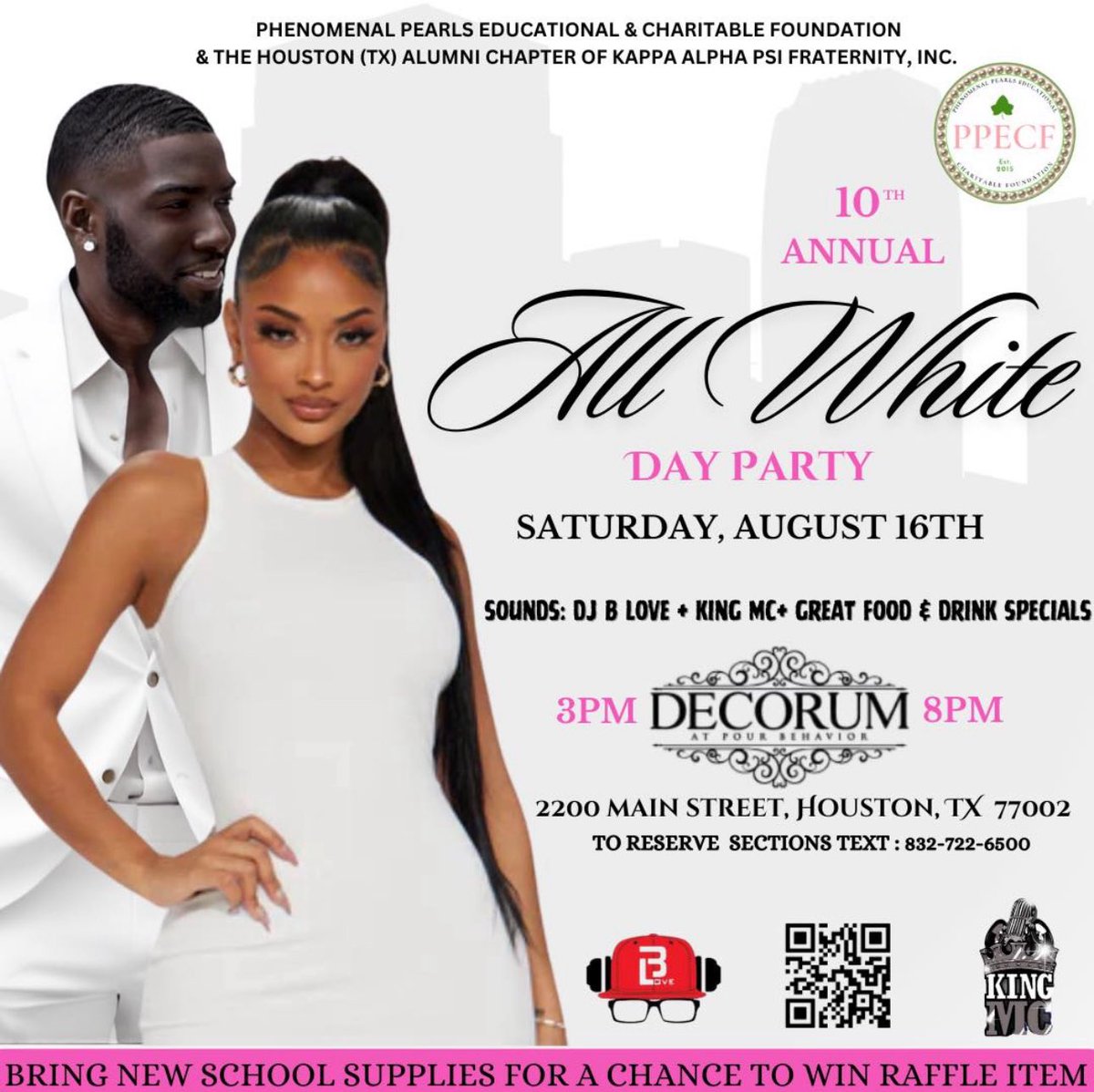 PPECF's tweet image. 🕒3PM–8PM
📍 The Decorum
🎧 DJ B Love | 🎤 Hosted by King MC
🍽️ Food &amp;amp; Drink Specials | 🎟️ Proceeds Support Local Community Programs
🤍All-White Attire | 21+ Only | Classy Vibes Required

🎟️ Tix: 
General Admission $55
At the Door $60
VIP Seating $100
ppecf-2025whiteparty.eventbrite.com