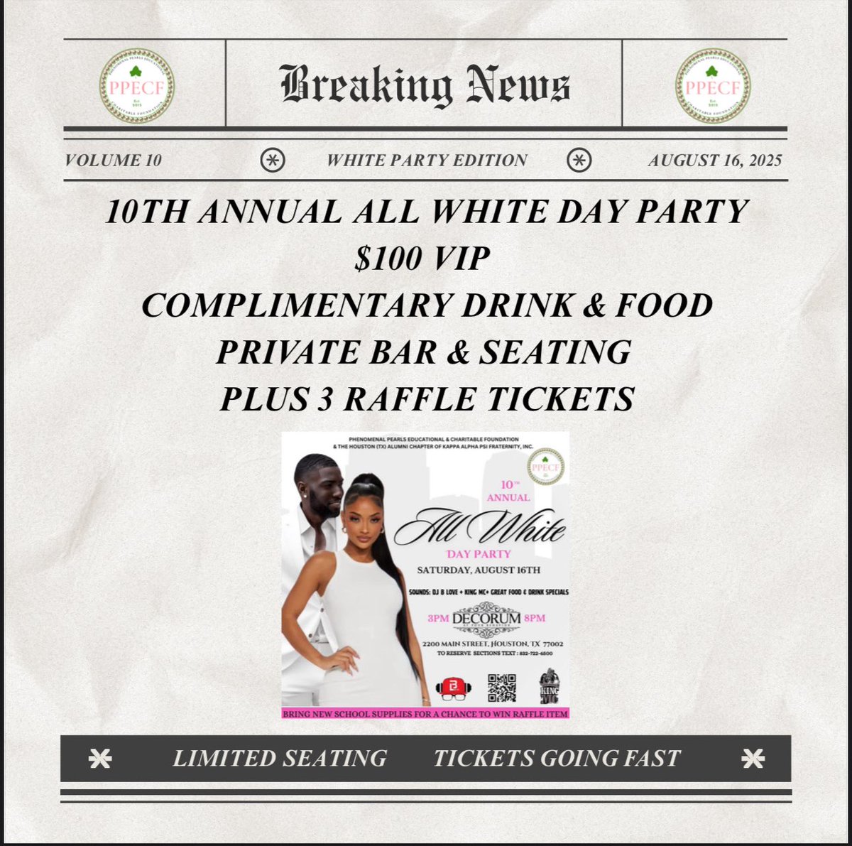PPECF's tweet image. 🕒3PM–8PM
📍 The Decorum
🎧 DJ B Love | 🎤 Hosted by King MC
🍽️ Food &amp;amp; Drink Specials | 🎟️ Proceeds Support Local Community Programs
🤍All-White Attire | 21+ Only | Classy Vibes Required

🎟️ Tix: 
General Admission $55
At the Door $60
VIP Seating $100
ppecf-2025whiteparty.eventbrite.com