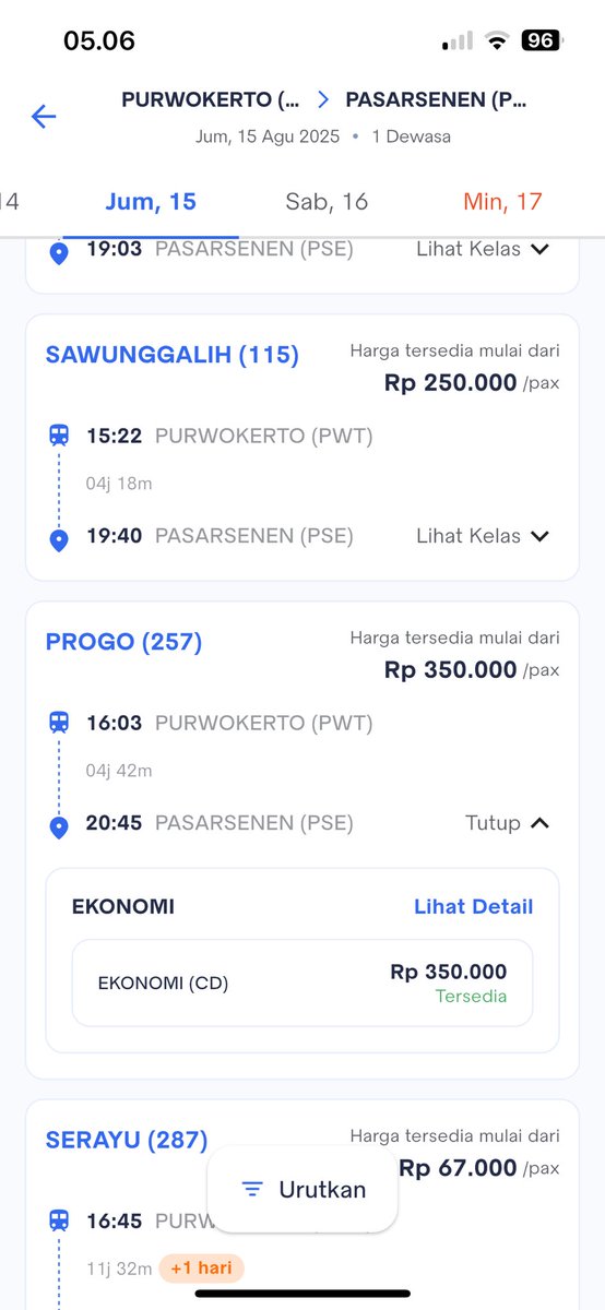 nfrghn's tweet photo. @KAI121 ini progo PWT-PSE kenapa harganya beda minnn yang tanggal 15, padahal lainnya 270ribuuu, salah input apa gimanaa https://t.co/k5taP9YVwI