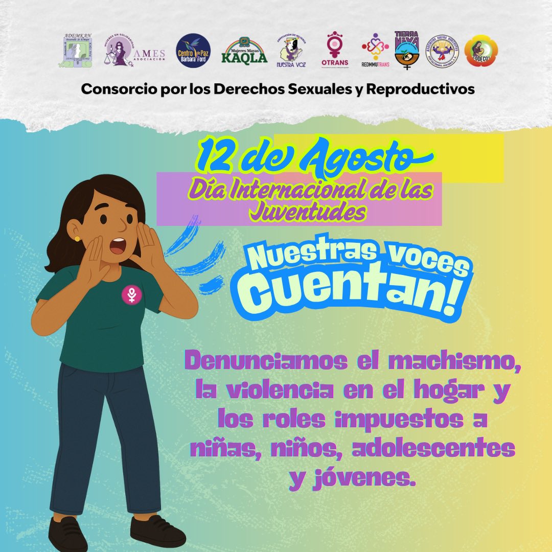 NosotrasConect1's tweet photo. 🚫🚨 En el #DíaInternacionalDeLasJuventudes, las juventudes diversas del Consorcio por los Derechos Sexuales y Reproductivos decimos: ¡Basta de discriminación, machismo y violencias! Queremos un país con justicia y equidad para todes. #JuventudesPresentes 
#NuestrasVocesCuentan https://t.co/ziFiwh6CnJ
