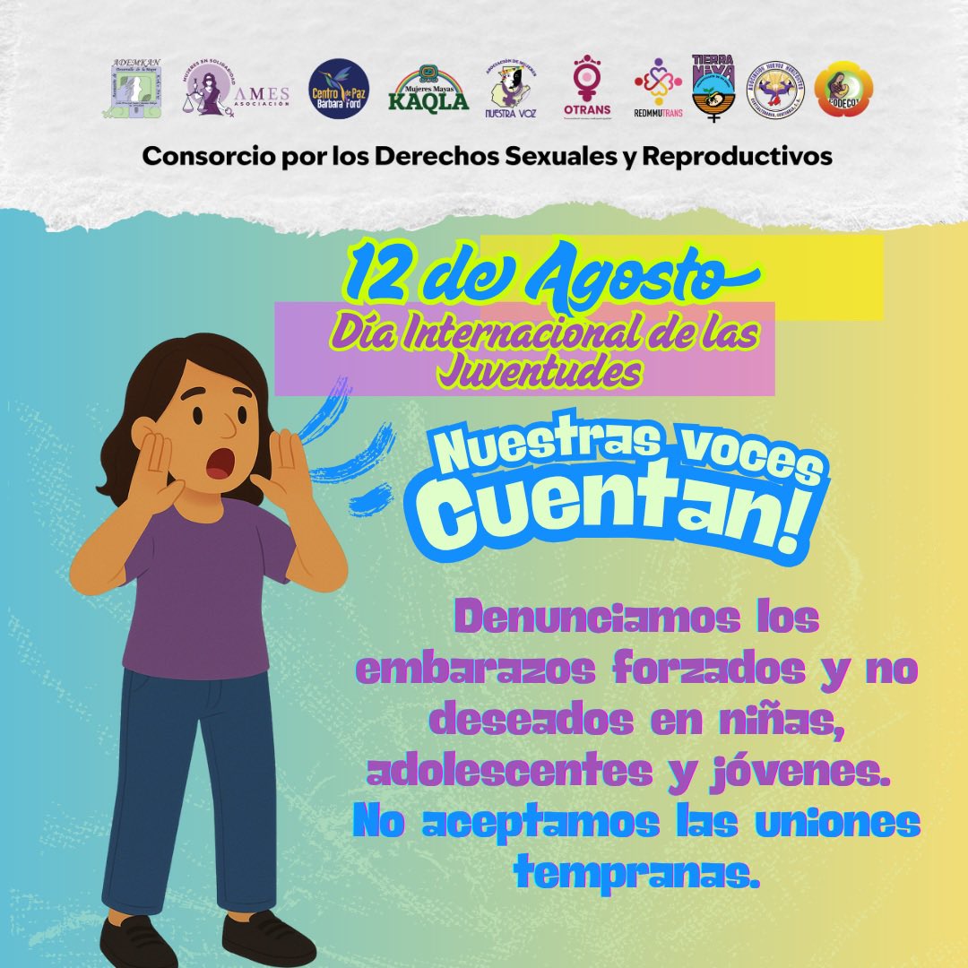 NosotrasConect1's tweet photo. 🚫🚨 En el #DíaInternacionalDeLasJuventudes, las juventudes diversas del Consorcio por los Derechos Sexuales y Reproductivos decimos: ¡Basta de discriminación, machismo y violencias! Queremos un país con justicia y equidad para todes. #JuventudesPresentes 
#NuestrasVocesCuentan https://t.co/ziFiwh6CnJ