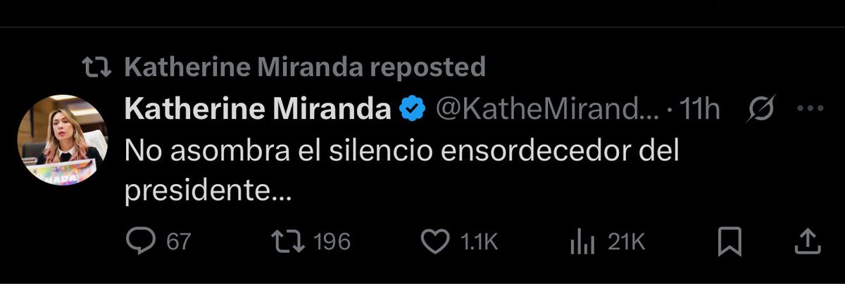 Esta mañana a la representante <a href="/KatheMirandaP/">Katherine Miranda</a> le asombra el silencio ensordecedor del señor Presidente <a href="/petrogustavo/">Gustavo Petro</a> 

Ahora lo manda a callar, acusa al Presidente de indolente y egocéntrico. 

El odio es sistemático