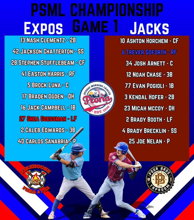 Tonight at 6:00 P.M.!

🎟️FREE ADMISSION! CONCESSIONS OPEN!

The 2025 Peoria Sunday Morning League Championship Series at Dozer Park -  Home of the Peoria Chiefs

Pour Bros. Jacks vs. Firehouse Pizza Expos 

Two of the league’s best square off for the Thome Trophy in a