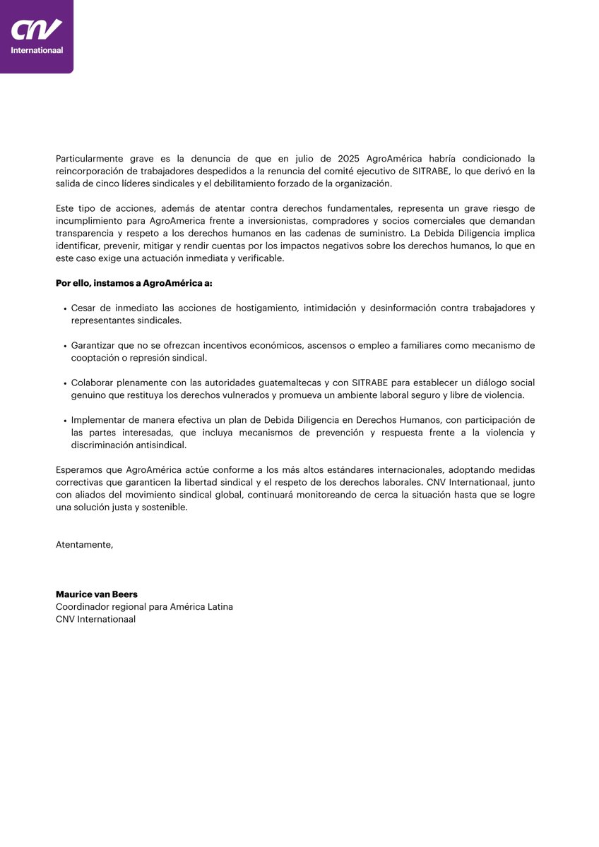 🚨 Desde <a href="/CNV_Internat/">CNV Internationaal</a>  expresamos gran preocupación por las denuncias de #violenciaAntisindical en las fincas bananeras de <a href="/agroamerica/">AgroAmerica</a> en Escuintla, Guatemala 🇬🇹

Trabajadores y el sindicato SITRABE reportan despidos, amenazas, hostigamiento y campañas de desinformación que