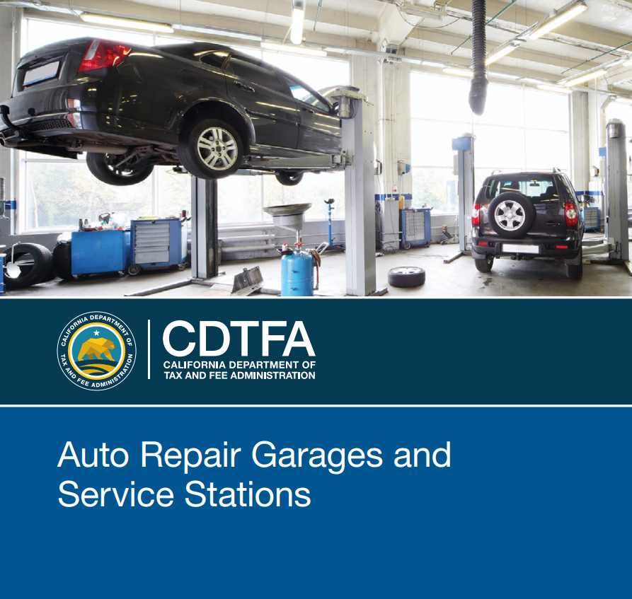 CDTFA’s Auto Repair Garages and Service Stations publication explains how tax applies to parts, labor, and shop supplies: cdtfa.ca.gov/formspubs/pub2…