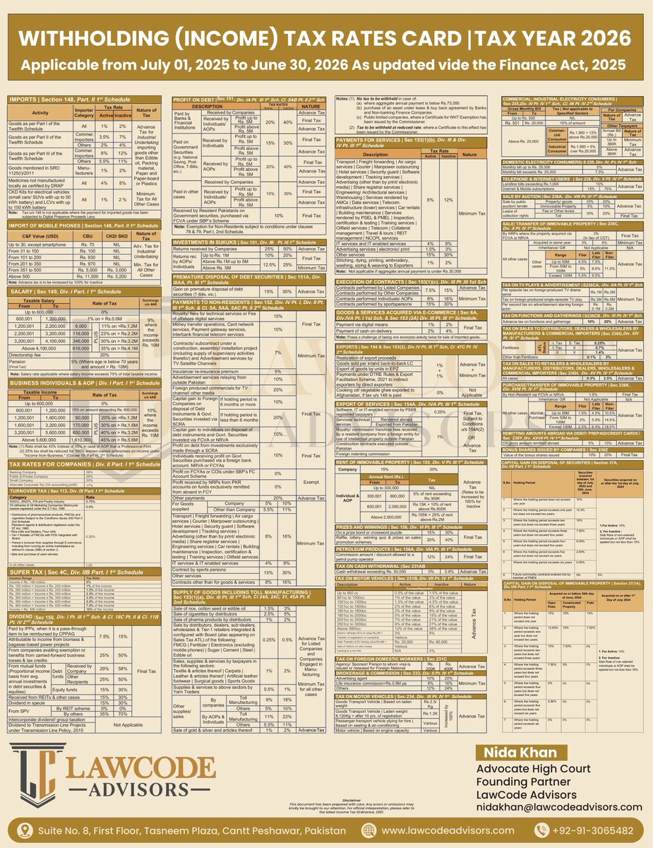 LawCode Advisors is pleased to share the Withholding Income Tax Rates Card for Tax Year 2026.
A concise and practical reference designed to assist professionals, corporates, and tax practitioners in ensuring compliance and accuracy in reporting.

Pdf Link:
bit.ly/Taxcard-LawCod…