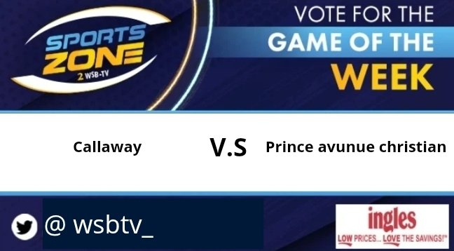 WSB-TV sports (@wsbtv_) on Twitter photo GAME of the week
Callaway π prince avunue christian
Wednesday, August 13 @ 4:30pm.
Come support your favorite team.
Watch Here: s.id/wsb-tv
@<a href="/9BRUCE1/">Coach Bruce</a> GAME of the week
Callaway π prince avunue christian
Wednesday, August 13 @ 4:30pm.
Come support your favorite team.
Watch Here: s.id/wsb-tv
@<a href="/9BRUCE1/">Coach Bruce</a>