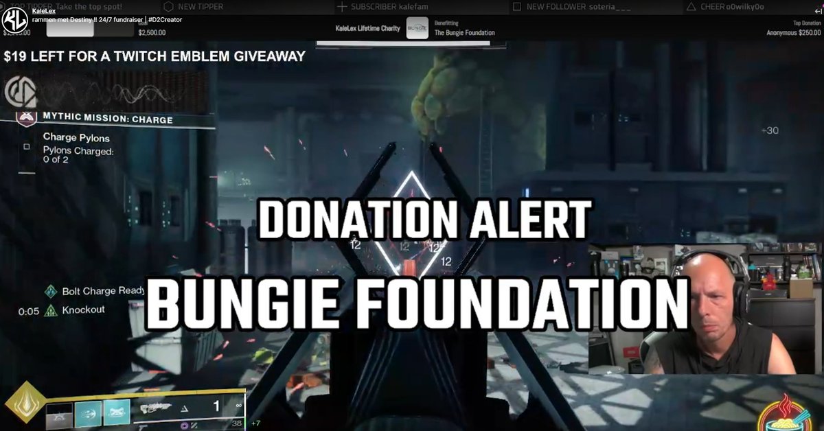 We are still raising money for a good cause!
Thank you for the awesome donation of $25.00 !!
and with that we reach one of the milestones and did a emblem giveaway on my #twitch channel.
We are not far away for a next one 😇
tiltify.com/@kalelex/bungi…
we raised already : $19,183.00