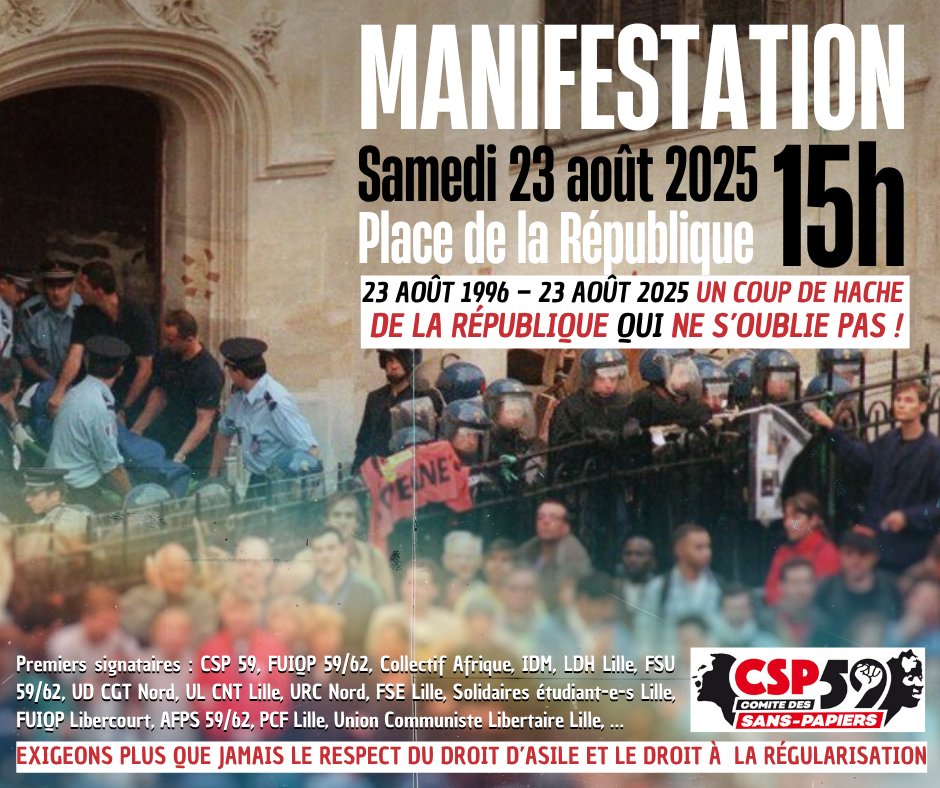 UN COUP DE HACHE DE LA REPUBLIQUE QUI NE S’OUBLIE PAS !

Il y a 29 ans, le 23 août 1996, plus de 300 familles, avec de nombreux enfants, réfugiées dans l’église Saint-Bernard à Paris sont violemment expulsées par les forces de l’ordre.

Communiqué... ⤵️facebook.com/share/p/17292w…