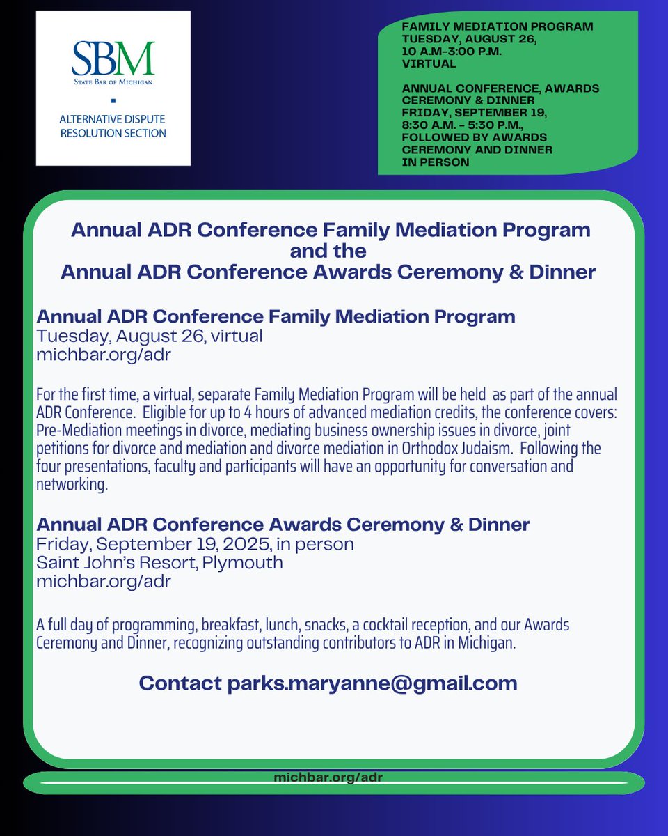 Register Now for the ADR Conference Family Mediation Program and the Annual ADR Conference, Awards Ceremony &amp; Dinner
events.michbar.org/Event-Search/E…