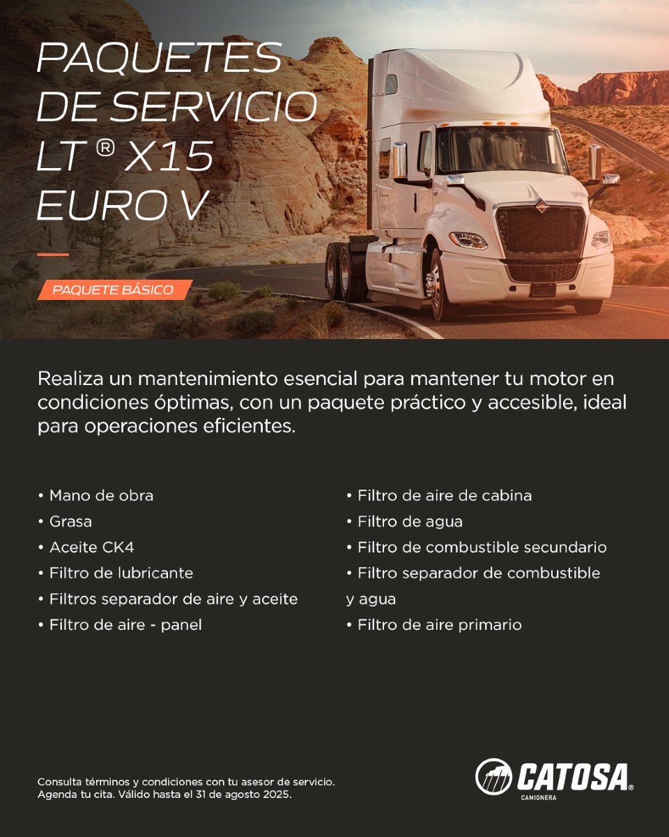 CATOSAMX's tweet image. 🚛💨 El respaldo que impulsa tu operación

Con el Paquete Básico #LT® X15 #EUROV, tu #motor recibe atención experta, lubricación precisa y protección en cada sistema para un desempeño seguro y constante.
✔️ Servicio especializado

📍 Agenda tu cita en #CATOSA y sigue avanzando.