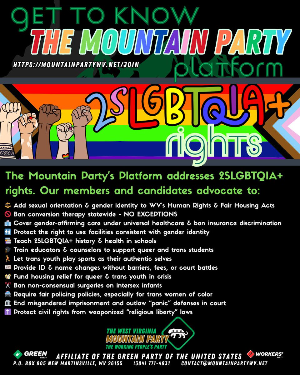 Queer rights — from marriage to healthcare to housing — are non-negotiable. The Mountain Party will always stand with our 2SLGBTQIA+ comrades. 

Learn more at mountainpartywv.net