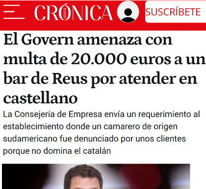 Separatistas denuncian a un bar de Reus porque un chico suramericano recién llegado que trabaja de camarero les atendió en español en vez de catalán 

Amenazan al bar con multarle 20.000€ y el chico podría ser despedido

Pero ellos son los tolerantes y demócratas, tú el fascista
