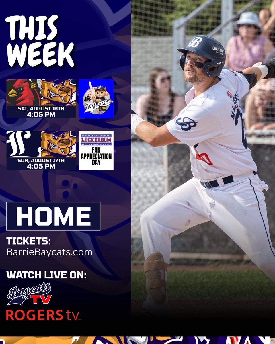 Weekend Plans? We got you!

Saturday is our final Junior Baycats Day of the season and Sunday is Fan Appreciation Day presented by The Lockeroom Barrie

TICKETS 👉 seatgiantevents.ca/event/barrie-b…

📸 Bob Hurley 

#RollCats