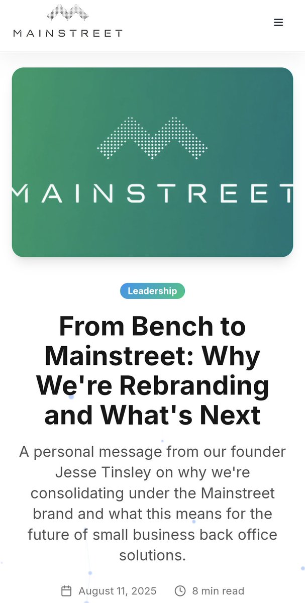 JesseTinsley's tweet image. Bench is now Mainstreet.

One brand, one mission, bigger vision.

We’re combining our tech and teams to give small businesses more power, speed and scale than ever before.

Link below...