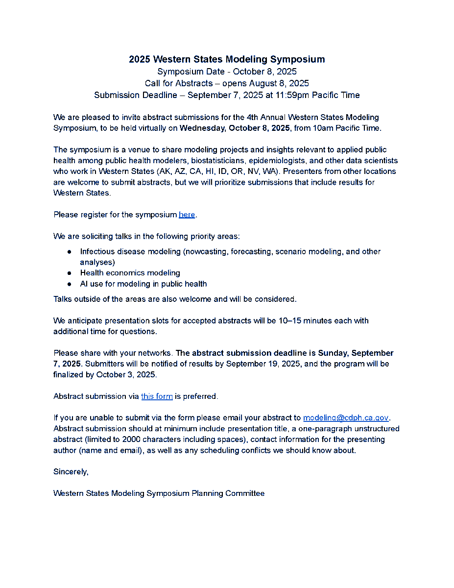 The California Department of Public Health is pleased to invite abstract submissions for the 4th Annual Western States Modeling Symposium, to be held virtually on Wednesday, October 8, 2025, from 10am PT.

Register: forms.office.com/Pages/Response…