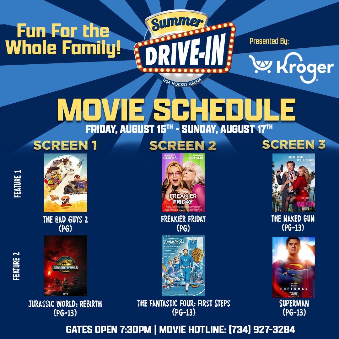 Summer_DriveIn's tweet image. 🎥 LIGHTS, STARS &amp;amp; DOUBLE FEATURES! 🌌🚗
Catch all the action under the stars at the Summer Drive-In!
📅 Now showing Wednesday through Sunday
🕢 Gates open at 7:30 PM | 🎥 Movies begin at dusk

🎟 Snag your tickets today at summerdrivein.com
Proudly presented by @kroger