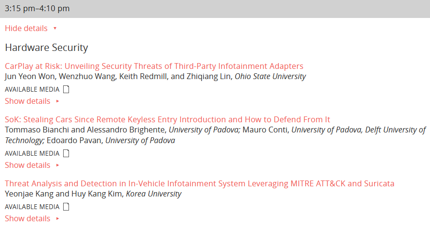 The fifth session, Hardware Security, is going on!

usenix.org/conference/veh…