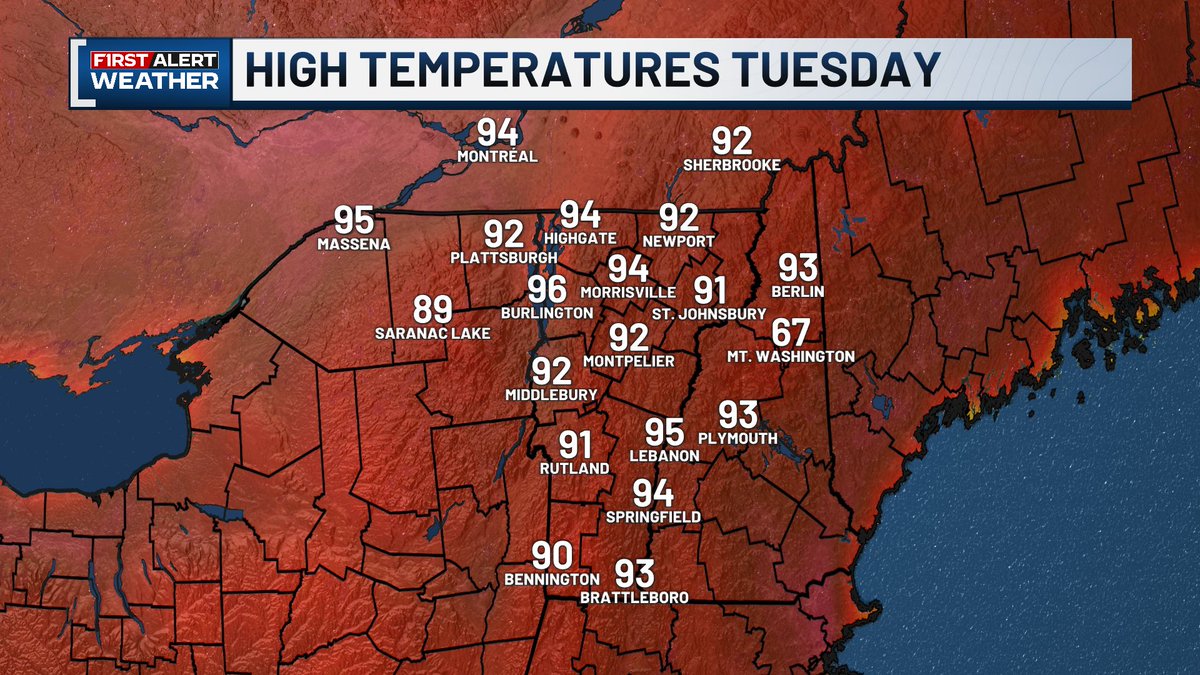 Hot out there today and hot again tomorrow!
A Heat Advisory goes into effect for the Champlain Valley and St. Lawrence Valley at 8 AM Tuesday and remains in effect through Wednesday morning. Even the places that aren't technically included in the advisory will be hot.