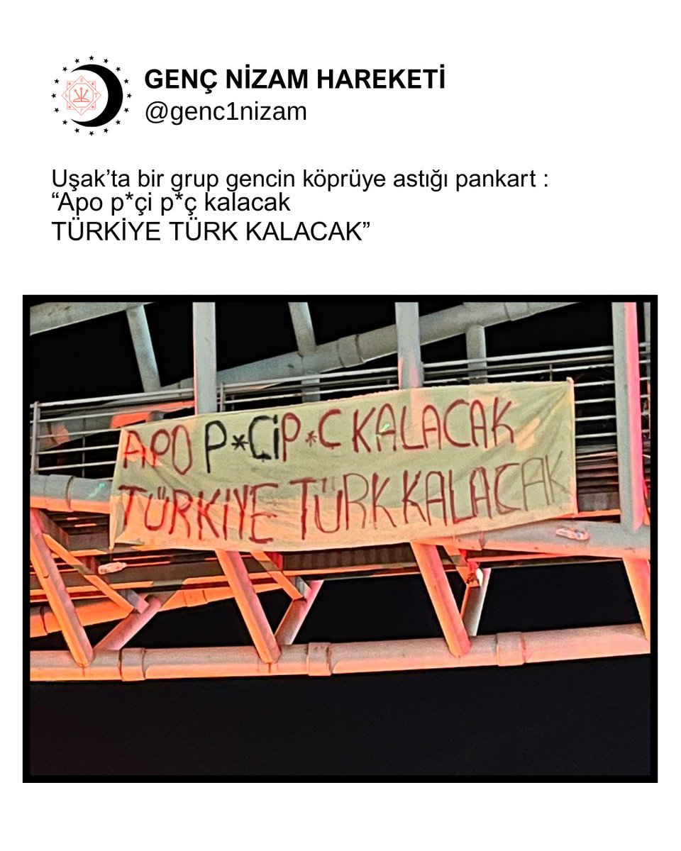 Uşak’ta bir grup gencin köprüye astığı pankart :
“Apo p*çi p*ç kalacak
TÜRKİYE TÜRK KALACAK”
#Guendem #Türkiye #nizam
