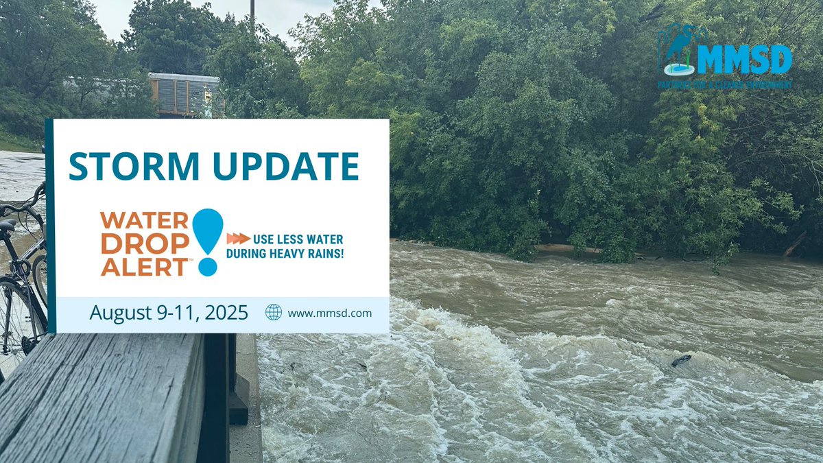 💧 Storm Update: August 9–11, 2025 💧
Record rainfall — up to 7+ inches in 24 hours — has caused life-threatening flash flooding, property damage, and sewer overflows across Greater Milwaukee. mmsd.com/about-us/news/…

The Water Drop Alert! Remains in effect with more rain in our