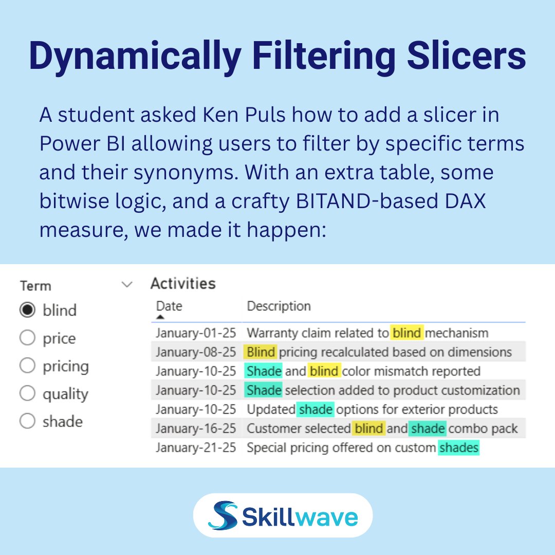 Skillwave Training (@skillwave_) on Twitter photo In our last AKA session, <a href="/kpuls/">Ken Puls, FCPA, FCMA</a> was asked how to add a slicer in #PowerBI which allows you to filter by specific terms and synonyms. With an extra table, some bitwise logic and a BITAND-based #DAX measure, filtering for Blind or Shade returns any instance containing either/both. In our last AKA session, <a href="/kpuls/">Ken Puls, FCPA, FCMA</a> was asked how to add a slicer in #PowerBI which allows you to filter by specific terms and synonyms. With an extra table, some bitwise logic and a BITAND-based #DAX measure, filtering for Blind or Shade returns any instance containing either/both.