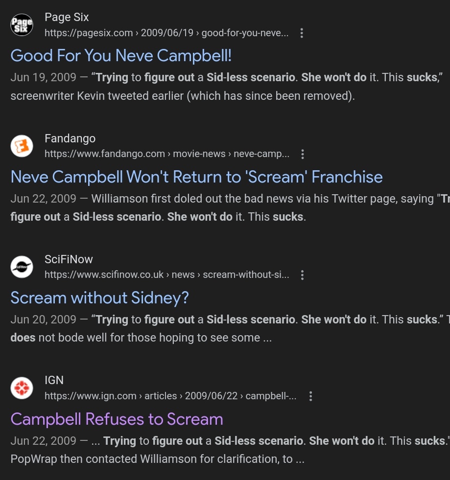 teresaschopper's tweet photo. People are crying over a rumor, saying it would be incredibly disrespectful for Melissa Barrera to be in Scary Movie 6 parodying Scream. Well, unlike Courteney Cox and David Arquette, who were always excited about making the sequels, everyone had to keep convincing Neve Campbell to do all the sequels after Scream 2 (poor Wes Craven) because she felt she was bigger than Scream and Sidney. That's the respect Neve Campbell has for Scream and its fans, but the so-called "OG Scream fans" don't say a thing about it!
Funny enough, it wasn't until Spyglass found a new lead, wrongfully treated Neve like trash and "kicked her out" of Scream 6, that she "remembered" how much she loves the franchise, wanted to be a part of the sequels, and went to every convention and interview to cry about it.
#BoycottScream7